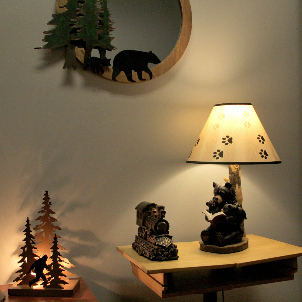 Black Bear Reading to Curious Cubs Table Lamp W/ Shade