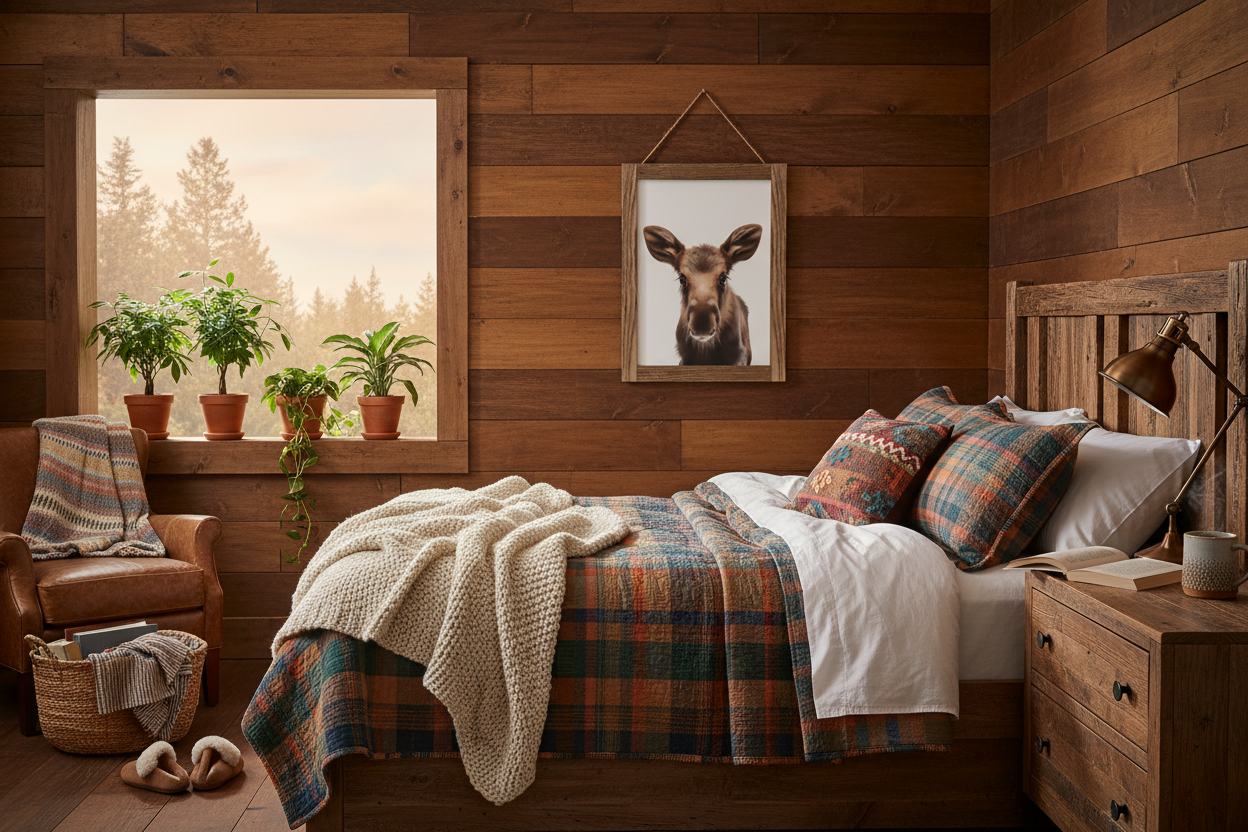 Deer portrait in cozy cabin bedroom