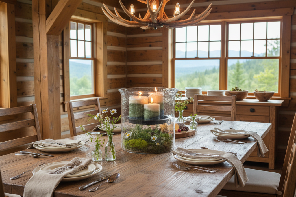 Dining table centerpiece with glass hurricane candle holder