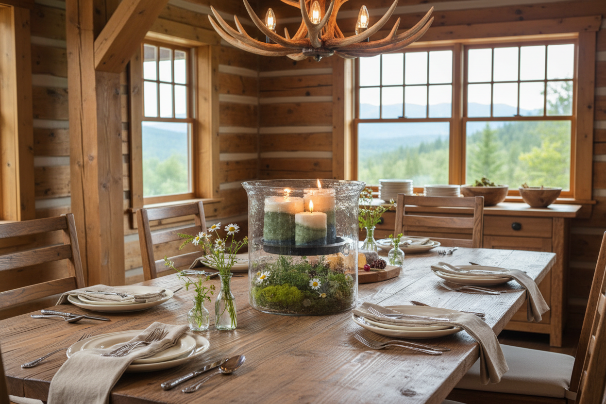 Dining table centerpiece with glass hurricane candle holder