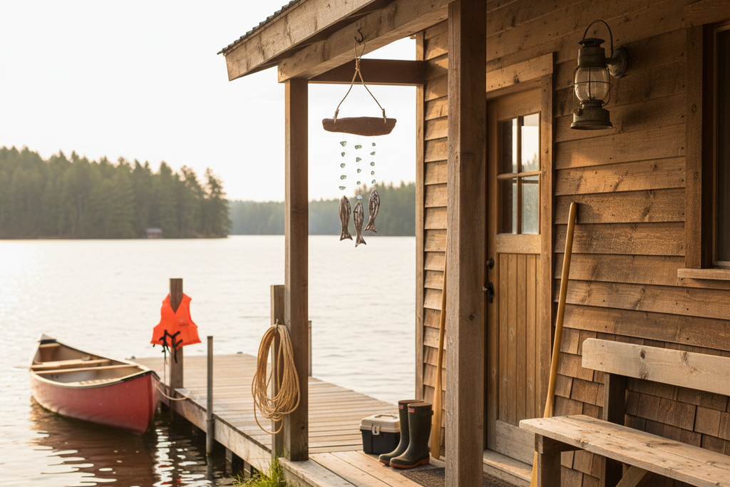 Driftwood fish wind chime hanging outside lake boathouse