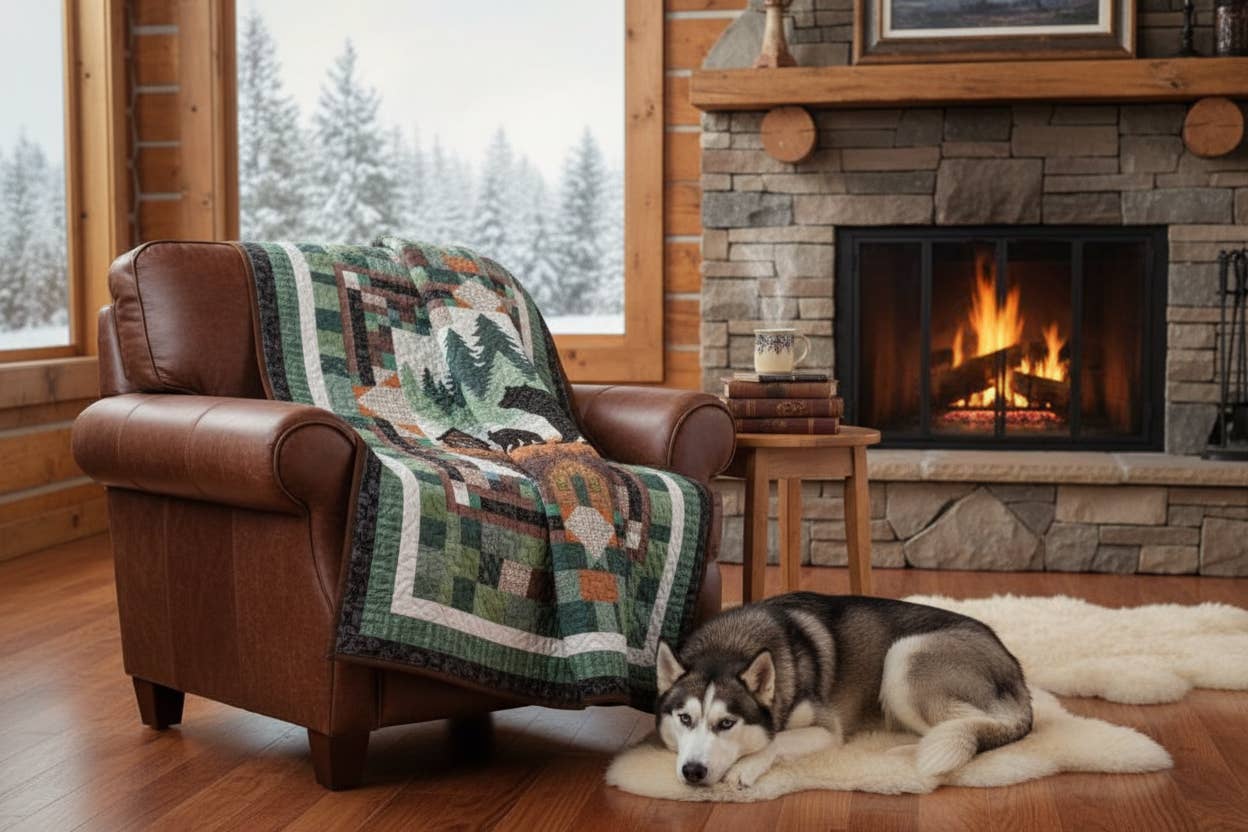 Bear Cabin in the Pines Boho Decorative Quilt Throw Blanket