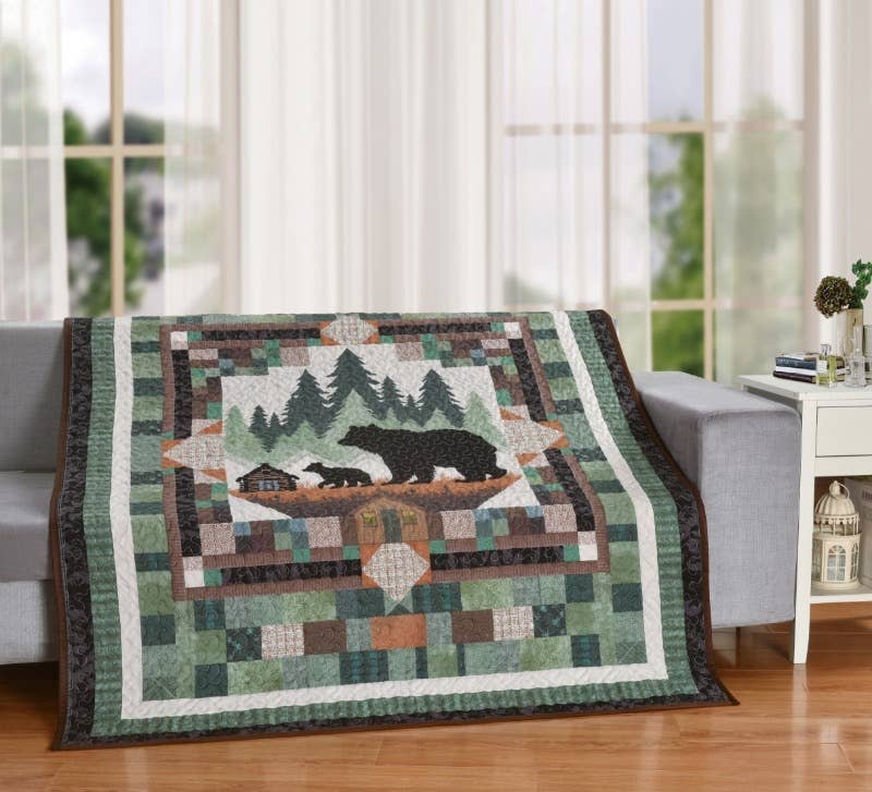 Bear Cabin in the Pines Boho Decorative Quilt Throw Blanket