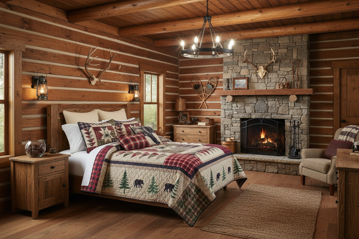 Forest Point quilt in log cabin bedroom without throw