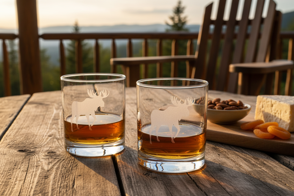 Fresh porch cocktail scene with moose glasses