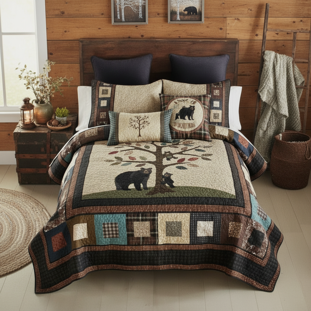 Front view cabin bedroom scene with complete quilt set