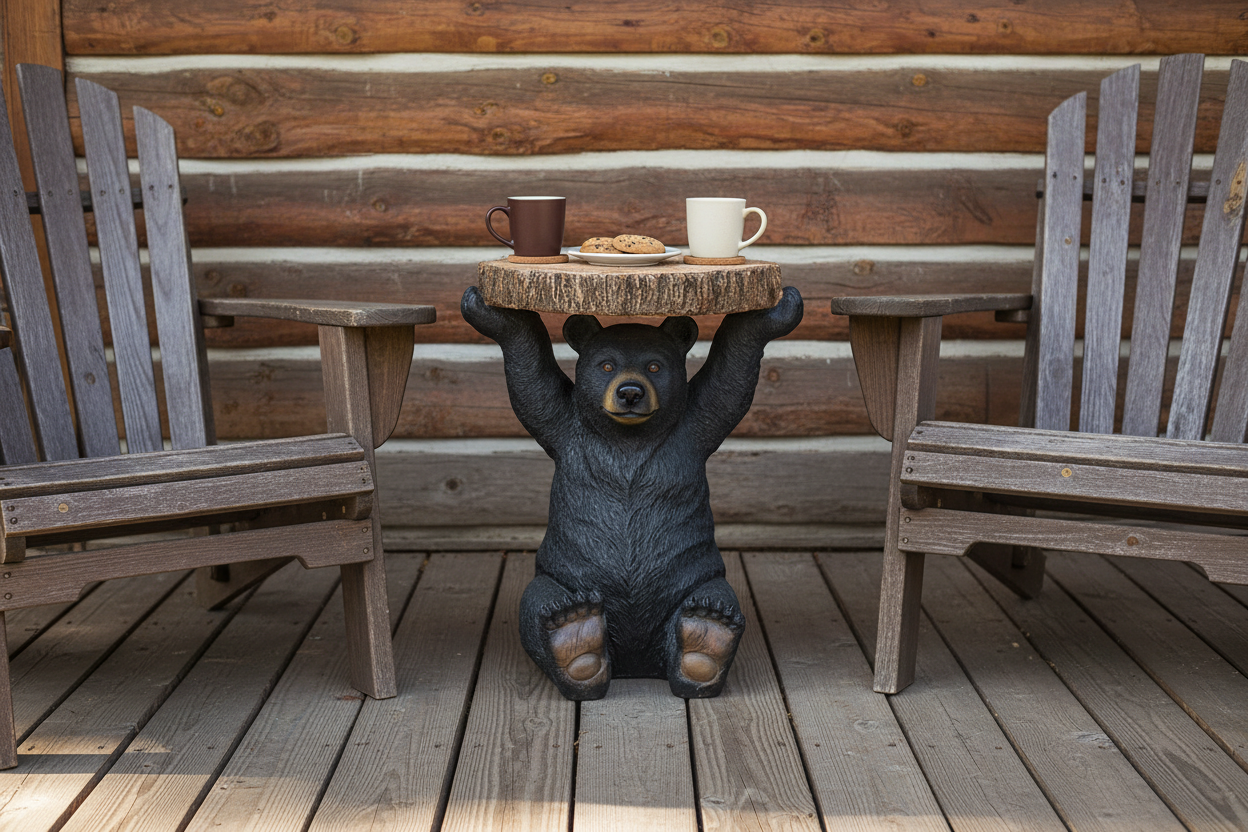 Front view of bear statue between rustic chairs against cabin wall