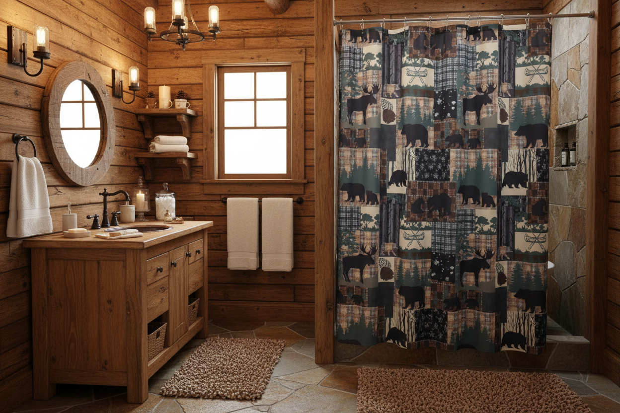 Fully rustic cabin bathroom with patchwork shower curtain