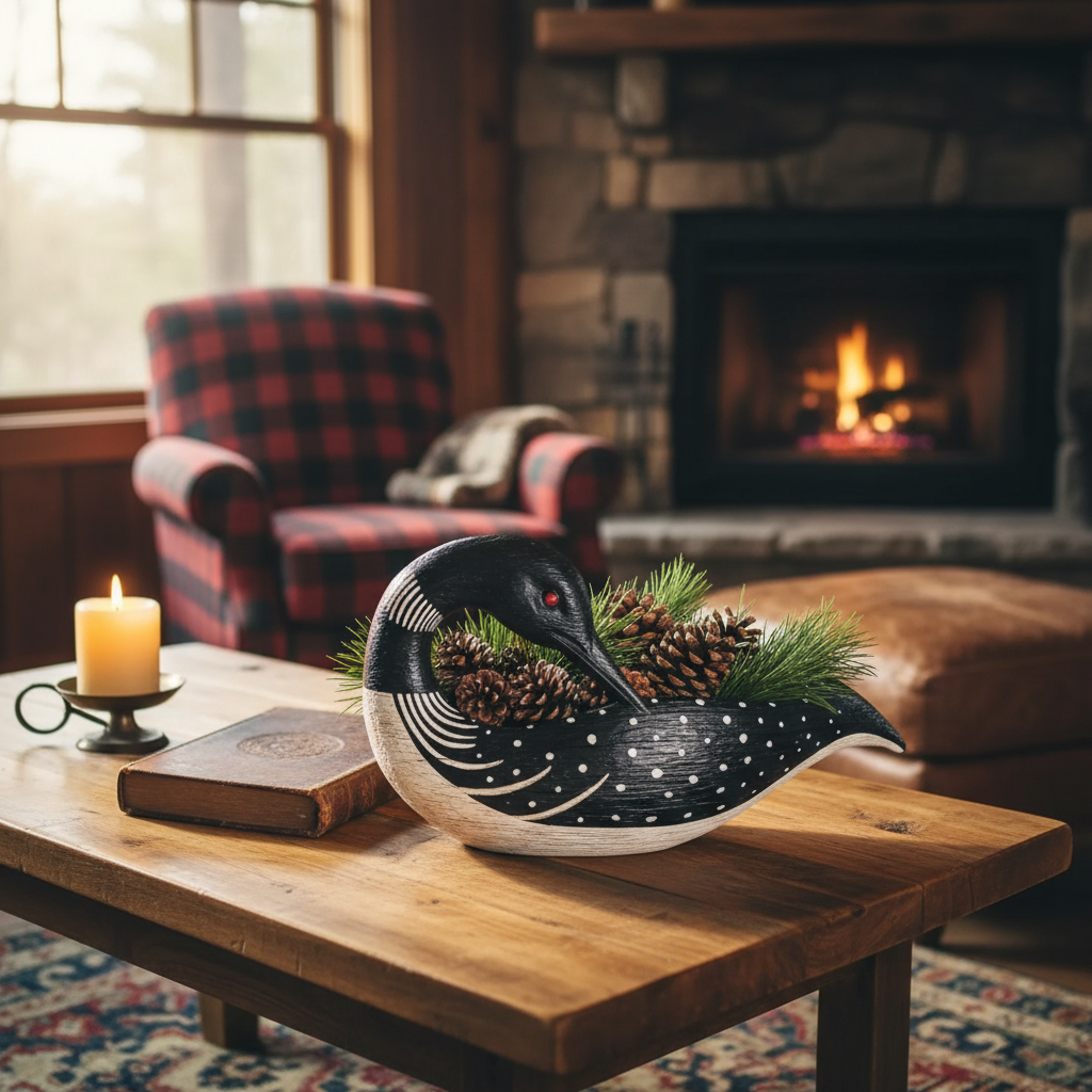 Hand-Painted Loon Decorative Dish with Pine Cones and Pine Stems