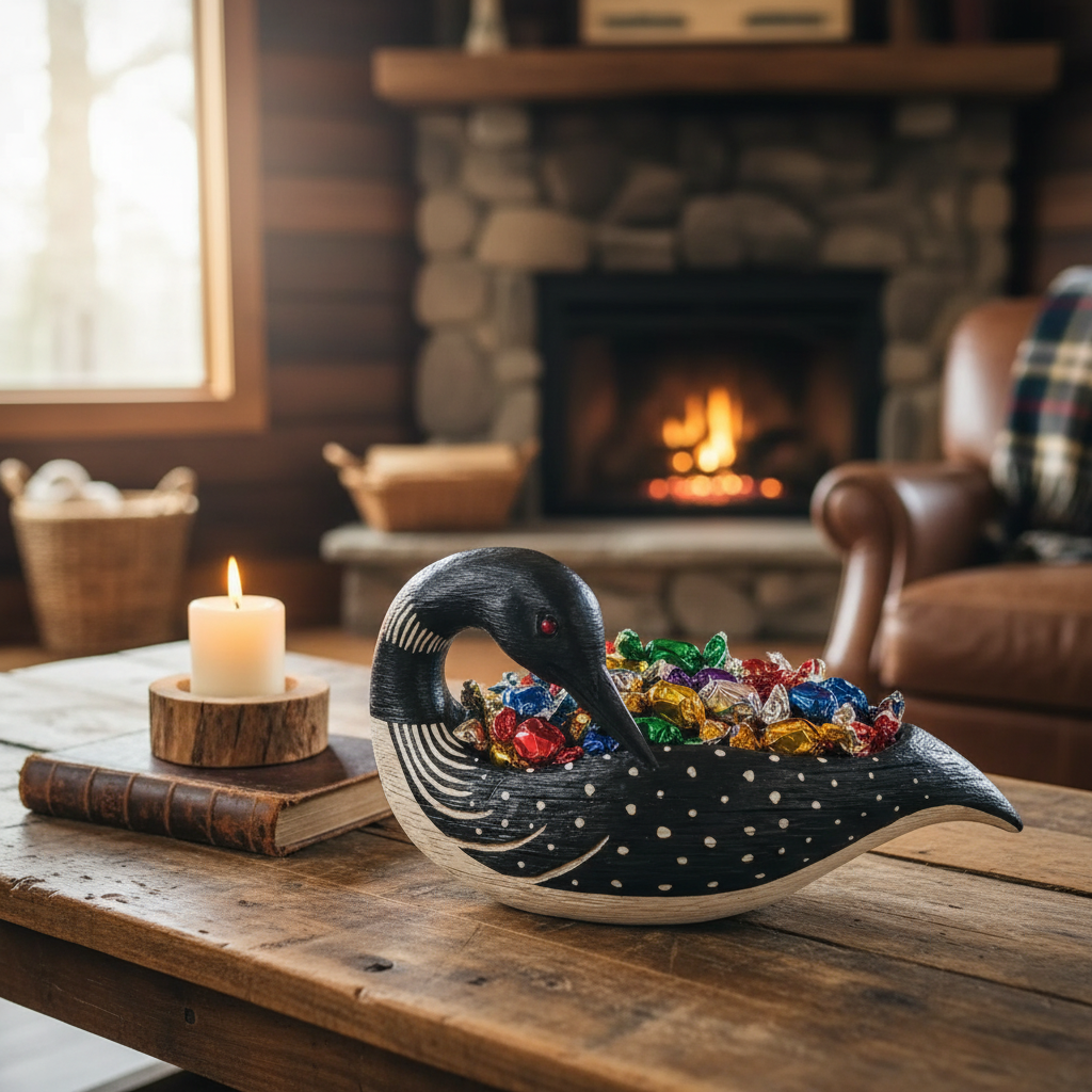 Hand-Painted Loon Decorative Dish with Wrapped Candies in Cabin Setting