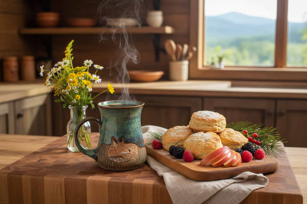 Handcrafted fox mug with scones and fruit in cabin kitchen
