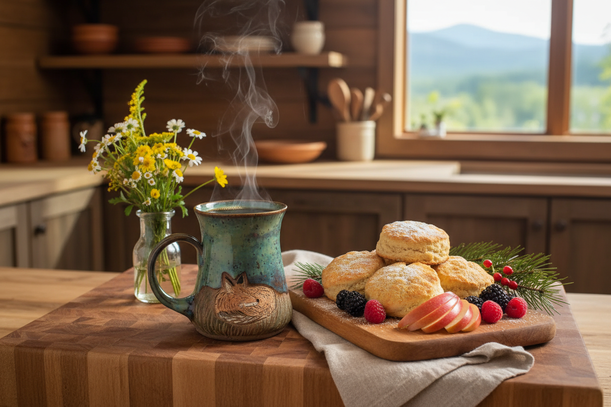 Handcrafted fox mug with scones and fruit in cabin kitchen