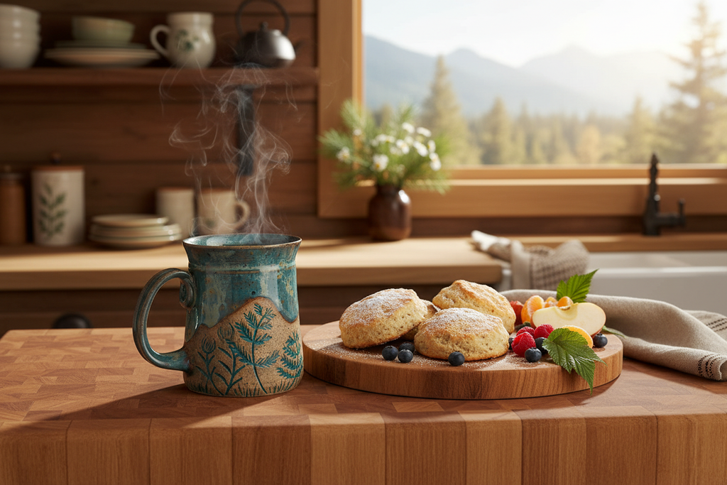 Handcrafted wildflower mug with scones and fruit in cabin kitchen