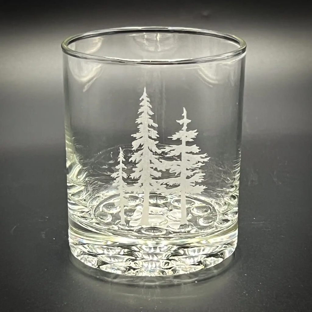 Pine Trees Etched Double Rocks Glass - 12.25 oz