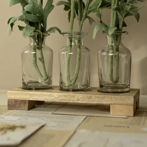 Hazel 3 Glass Bud Vase with Wood Tray