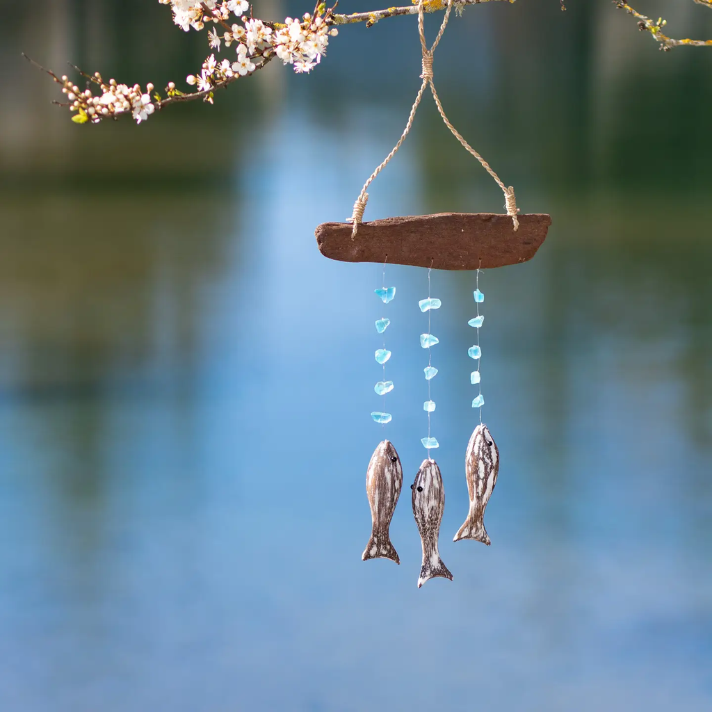 Three Fish Upcycled Driftwood & Glass Bead Chime - Turquoise