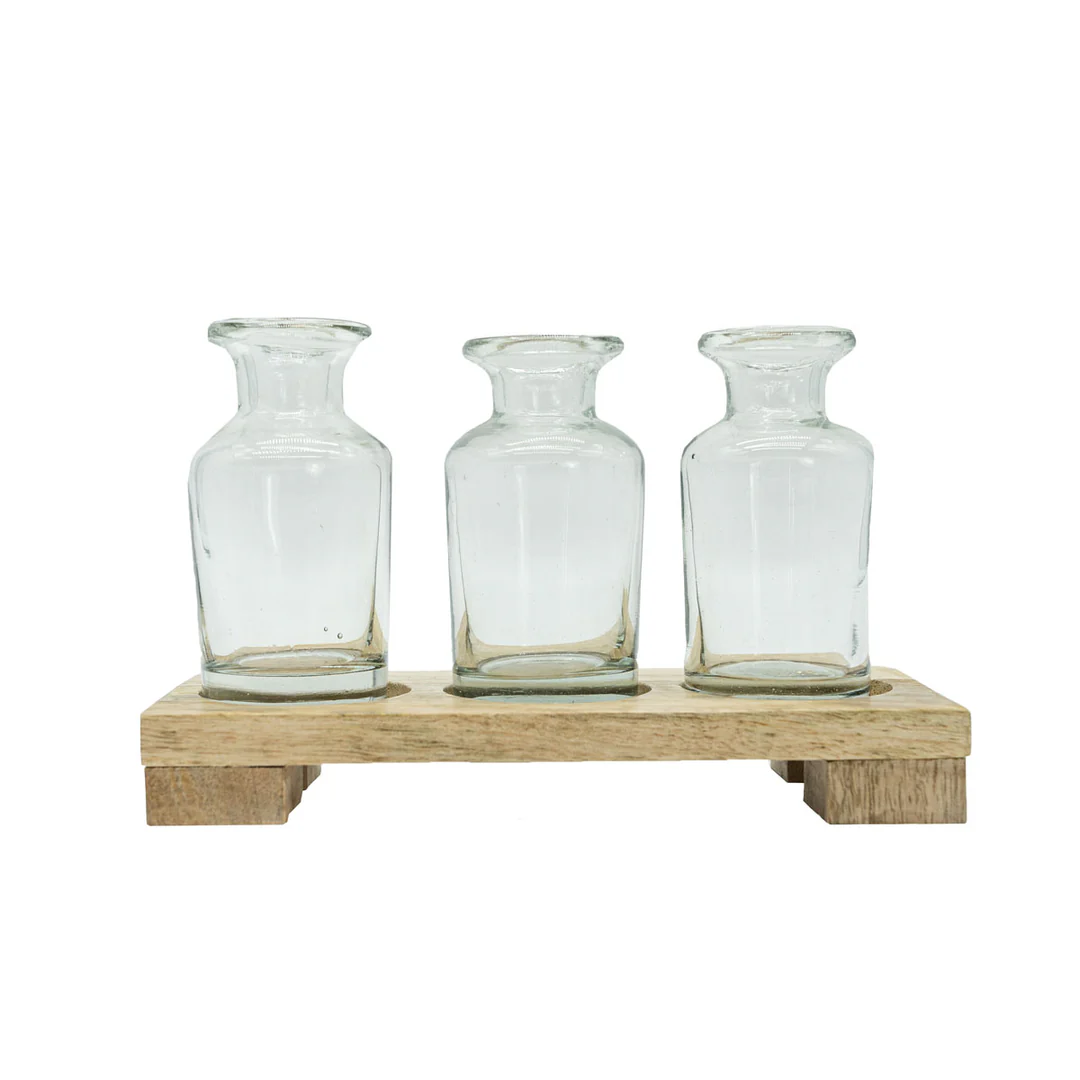 Hazel 3 Glass Bud Vase with Wood Tray