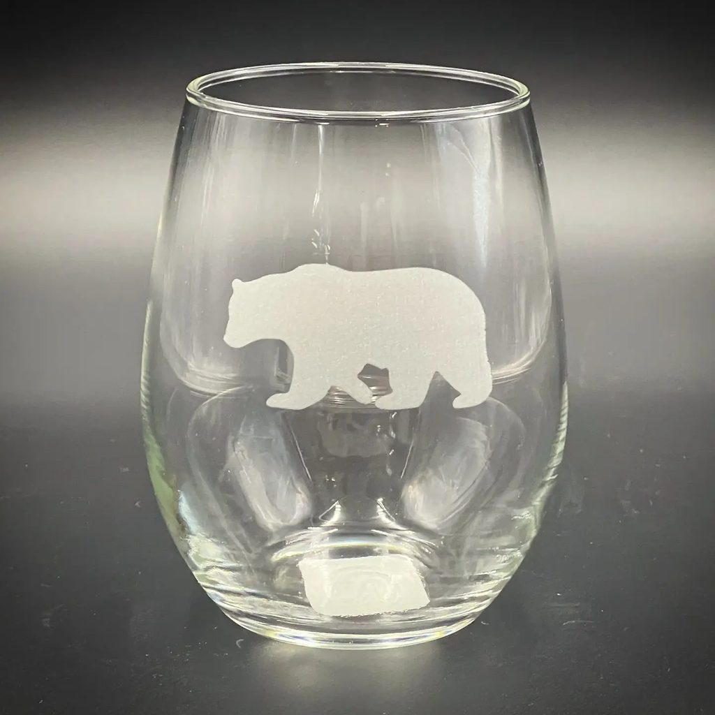 Bear Etched Stemless Wine Glass - 15 oz