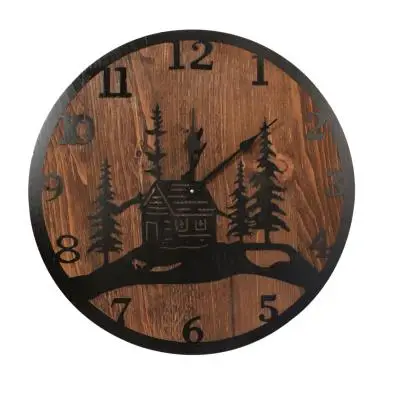 24" Round Wooden Cabin Scene Clock