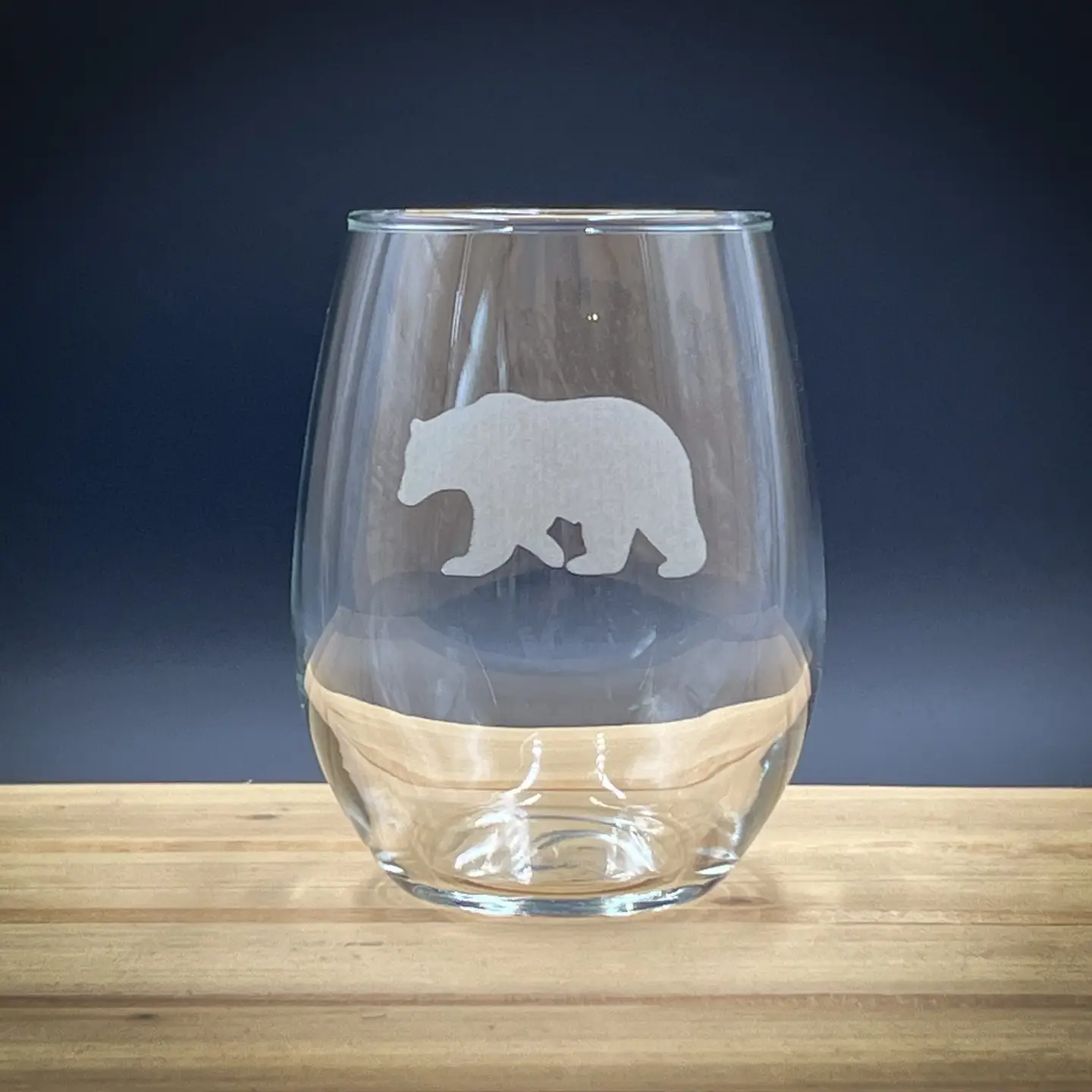 Bear Etched Stemless Wine Glass - 15 oz