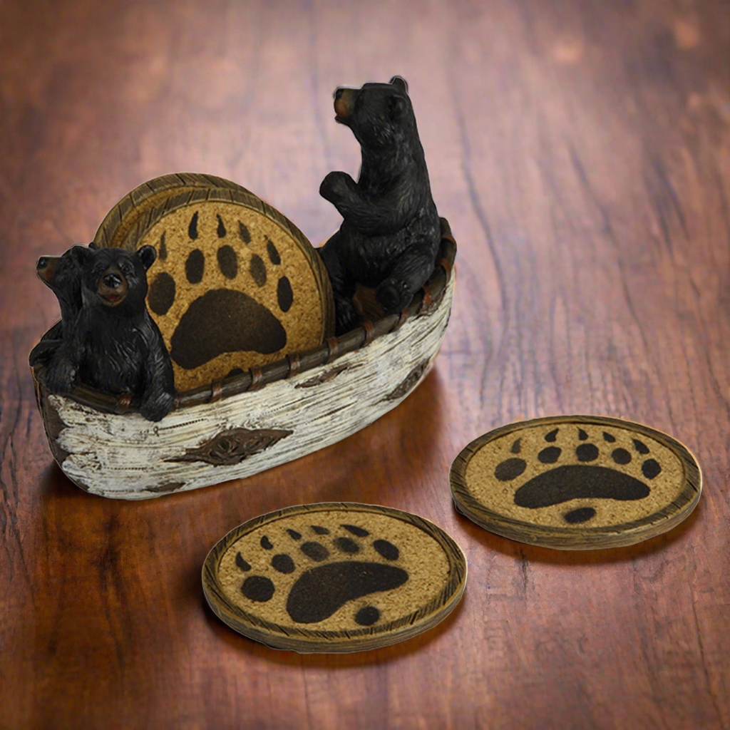 Bear Paw Coaster Set with Birch Canoe Holder