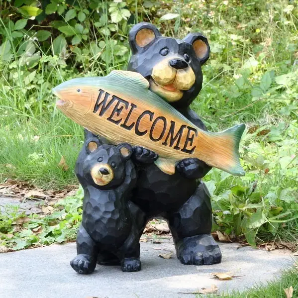 Bear Family Welcome Sign Statue - Rustic Cabin Decor