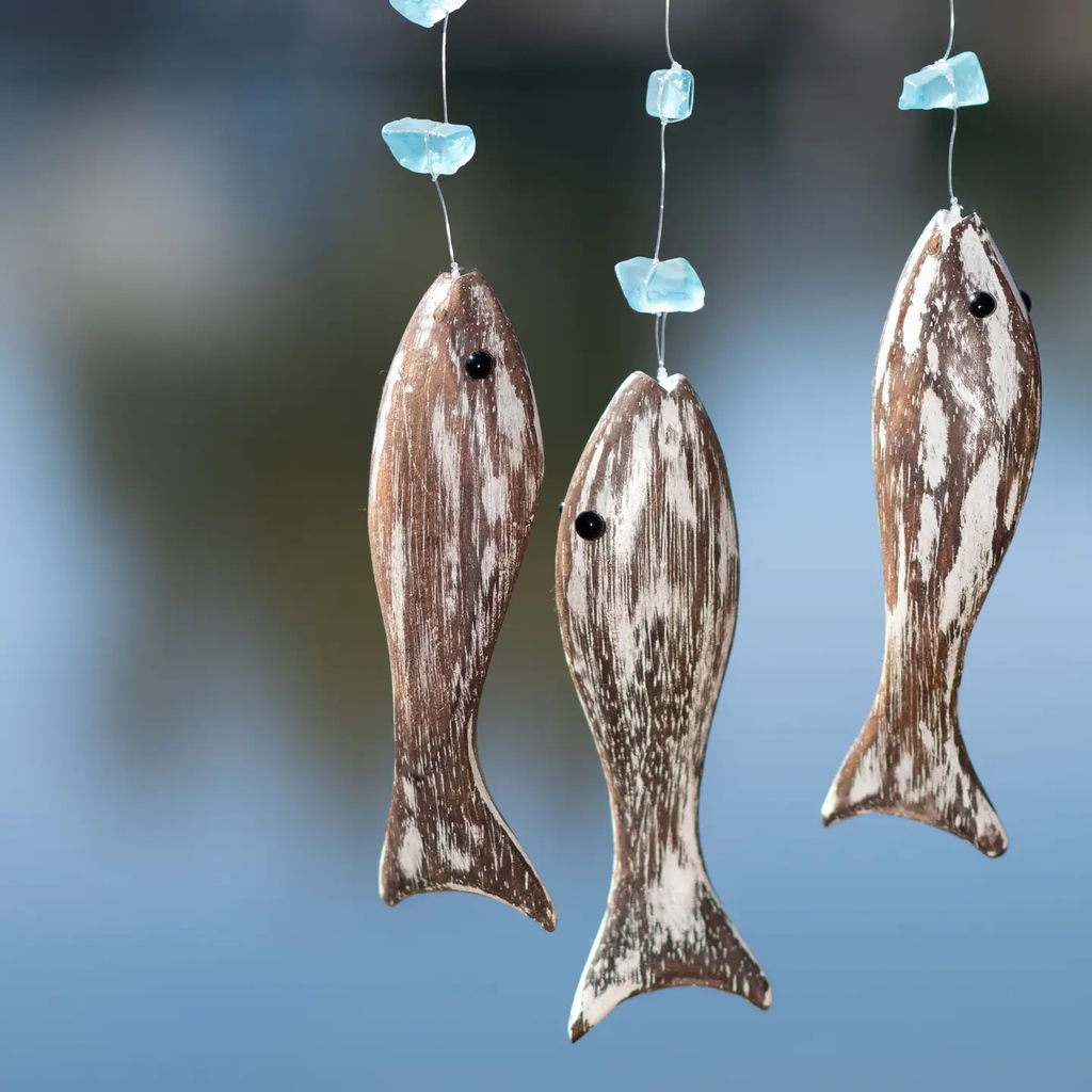 Three Fish Upcycled Driftwood & Glass Bead Chime - Turquoise