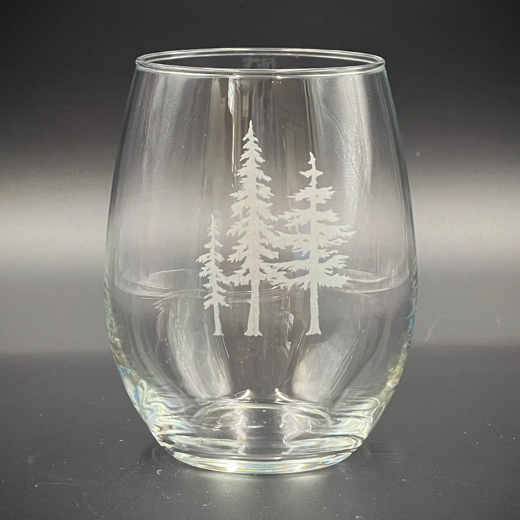 Three Pine Trees Etched Stemless Wine Glass - 15 oz