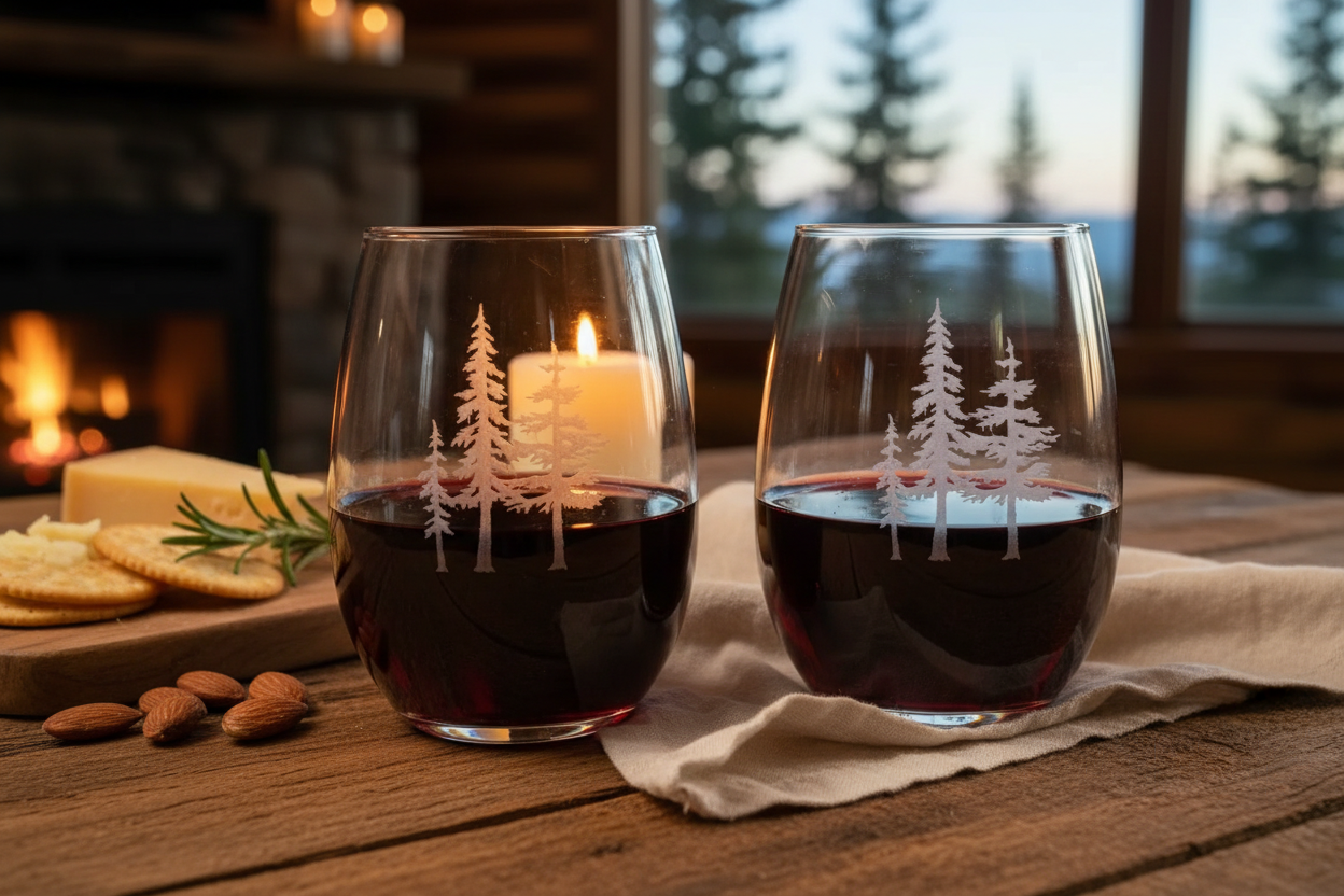 Intimate close-up scene with pine tree stemless wine glasses