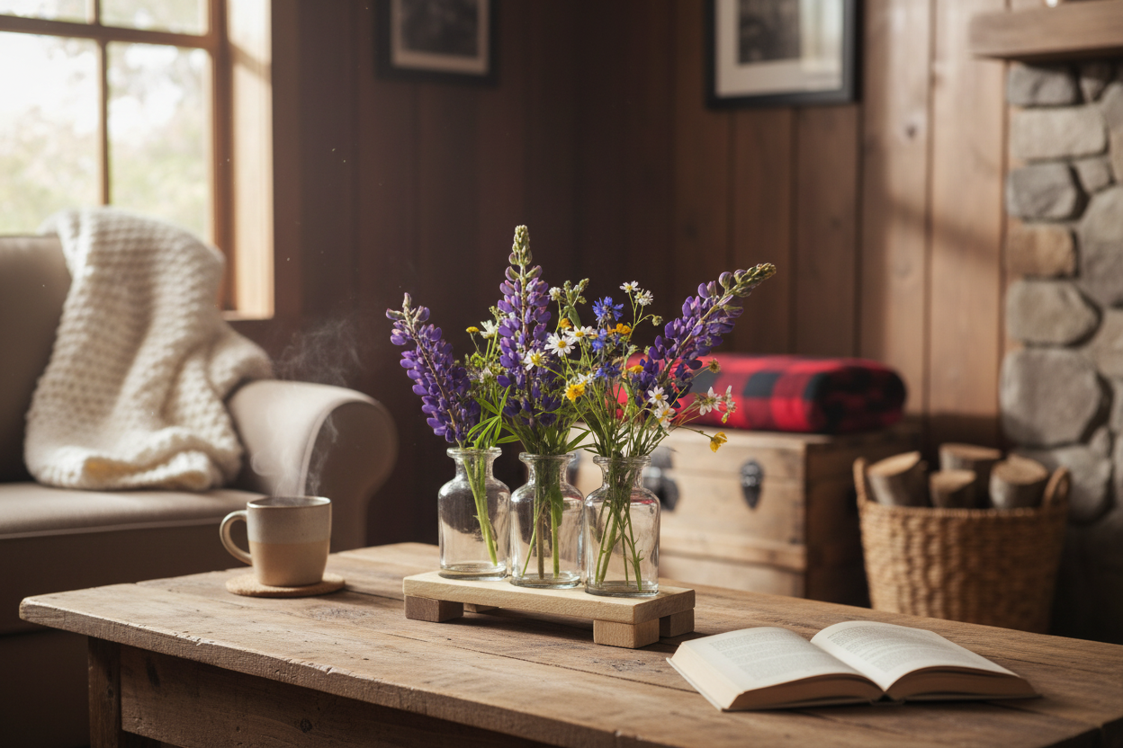 Lifestyle scene with Hazel bud vases in cabin setting