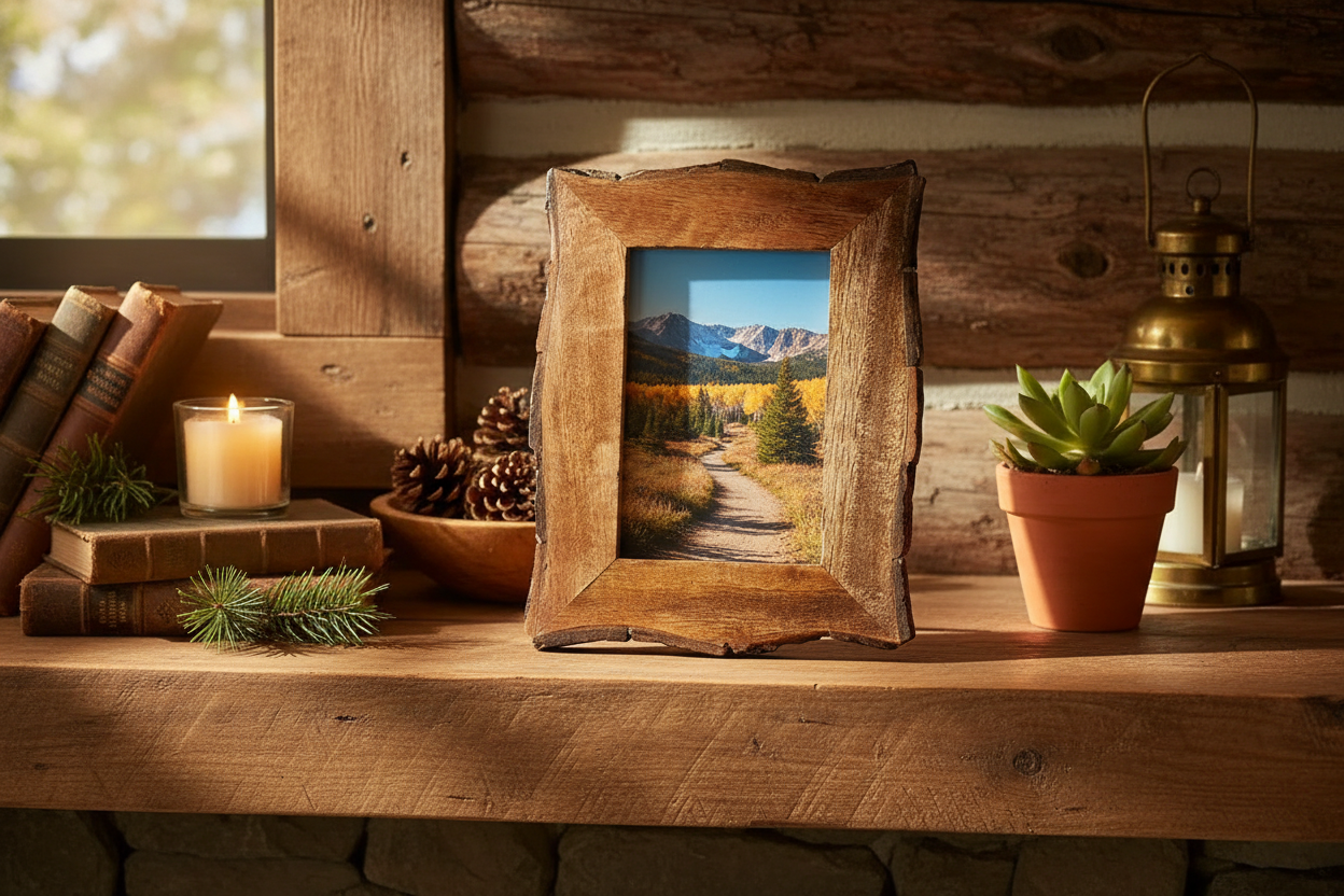 Live Edge Wood Frame on Cabin Shelf