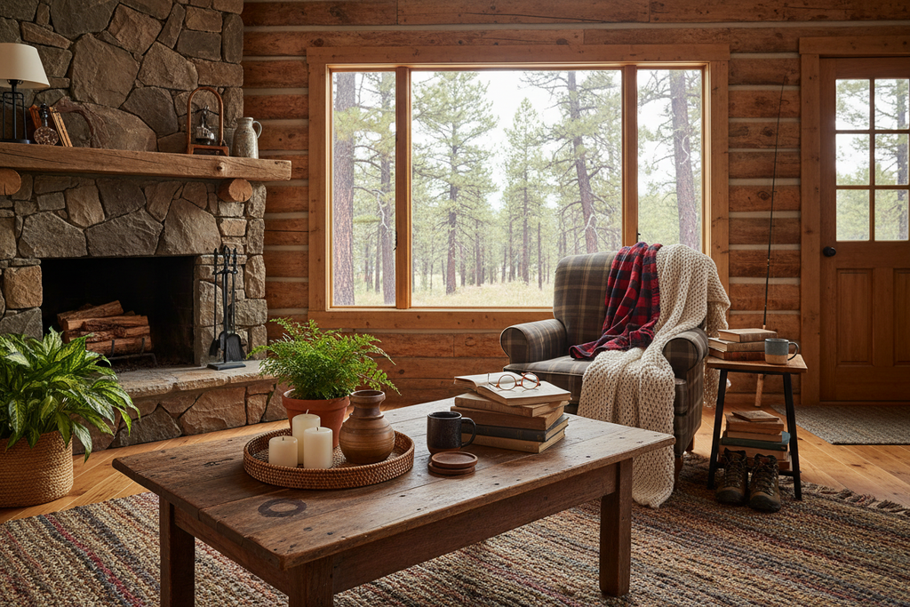 Lived-in cabin interior with vintage urn vase, plants and books