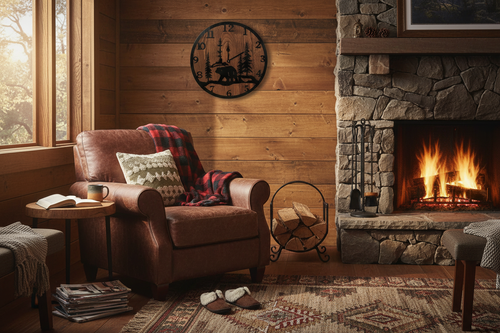 Lived-in cozy cabin scene with bear clock