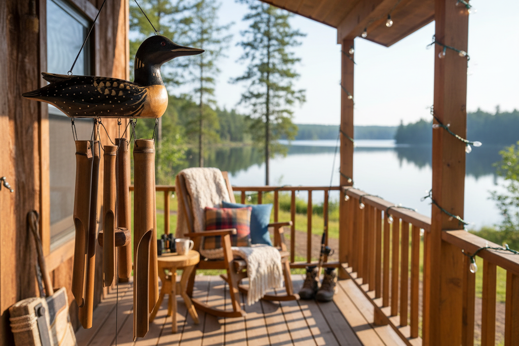 Loon wind chime prominently displayed on cabin porch