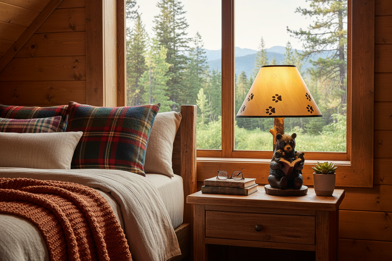 Mama bear reading lamp with wooded forest view