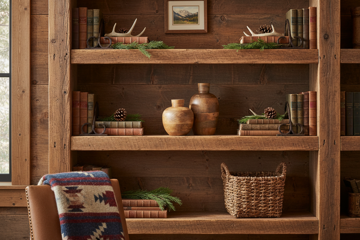 Mango wood vases with rustic basket on bookshelf