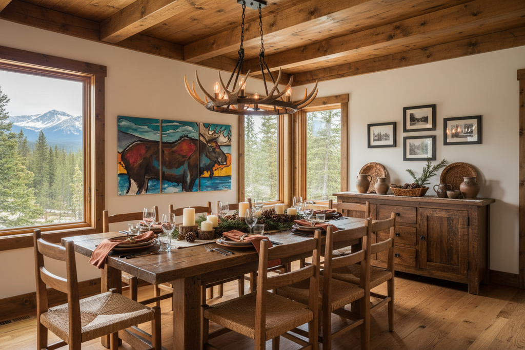 Moose triptych in cabin dining room with set table