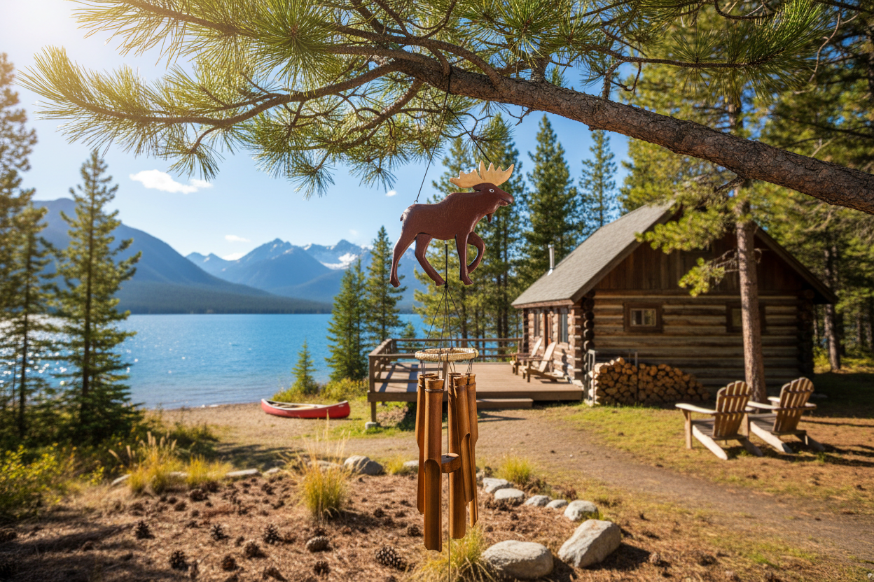 Moose wind chime at Montana lake cabin