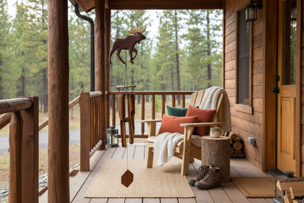 Moose wind chime prominently displayed on cabin porch