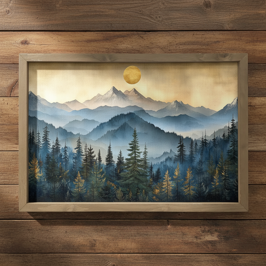Mountain landscape art - same scale with rustic wood background