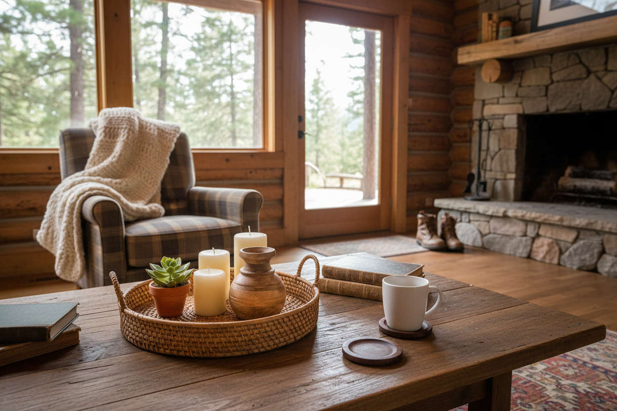 Overhead angle of vintage urn vase on cabin coffee table