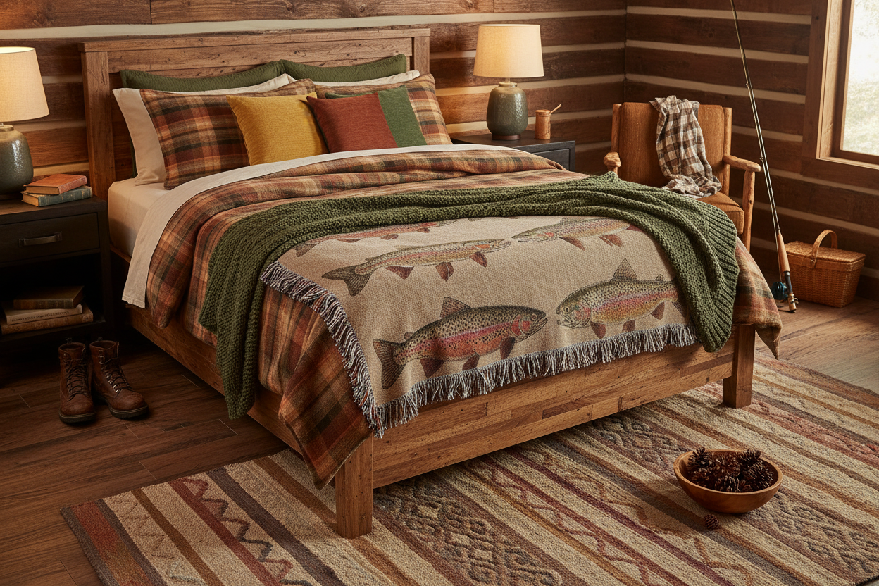 Rainbow Trout Blanket Folded at Foot of Bed