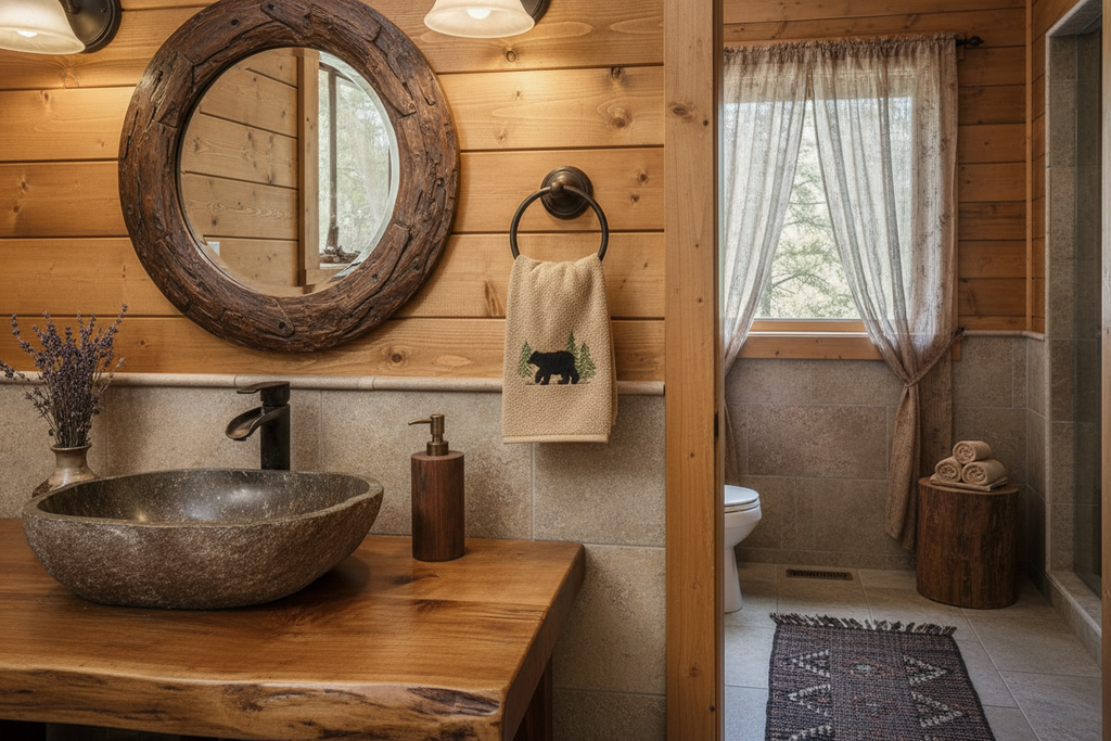 Rustic bathroom lifestyle image with bear towel