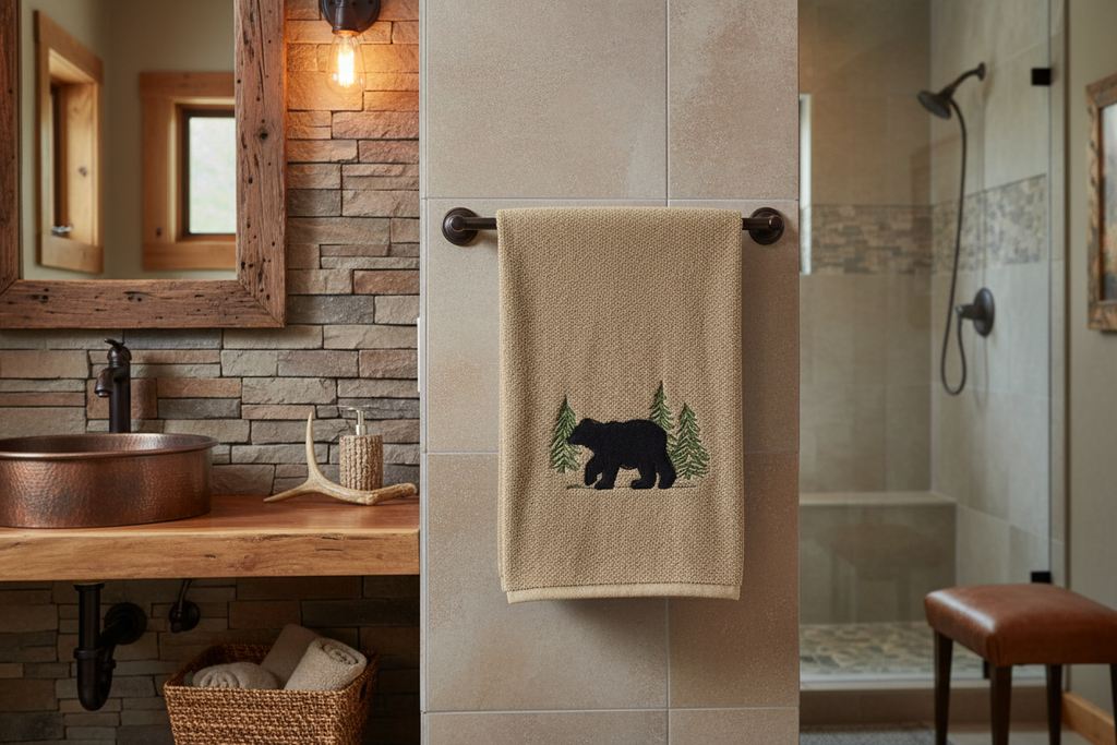 Rustic bathroom with bear bath towel on rack