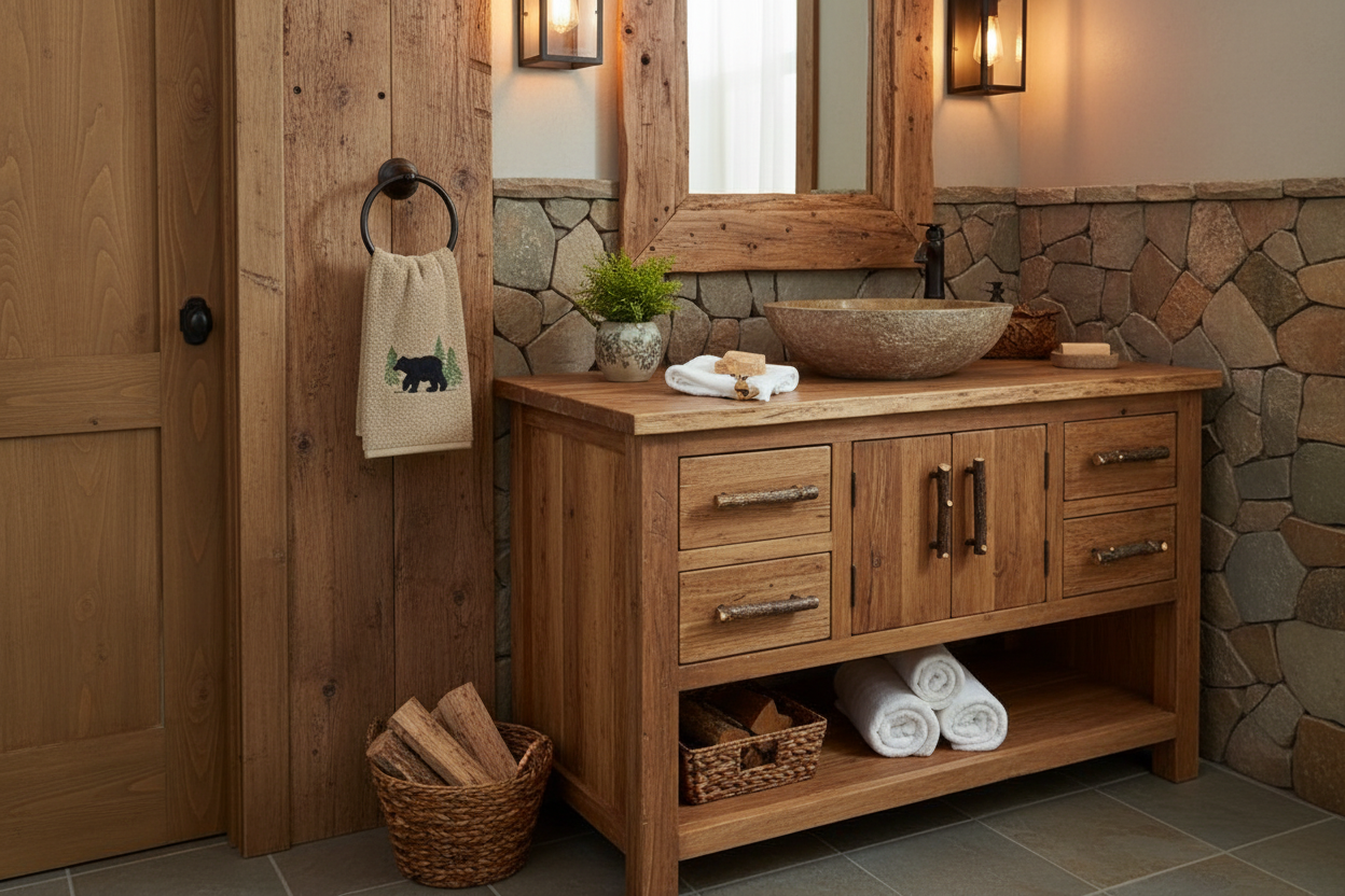 Rustic bathroom with bear hand towel