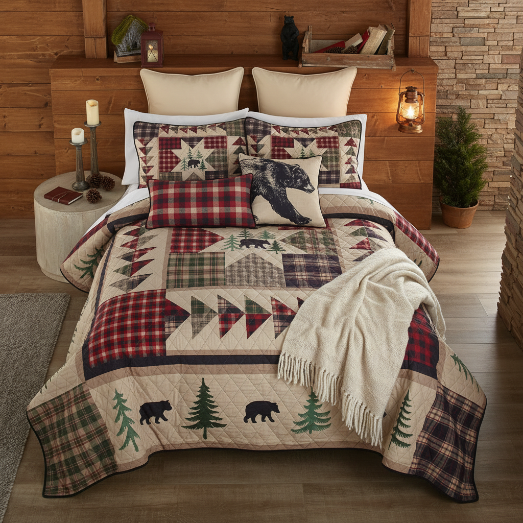 Rustic cabin bedroom with Forest Point pillows
