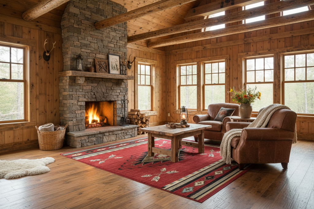 Rustic cabin lifestyle image with Southwestern rug