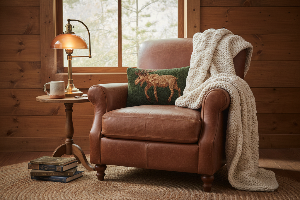 Rustic corner with properly scaled moose lumbar pillow