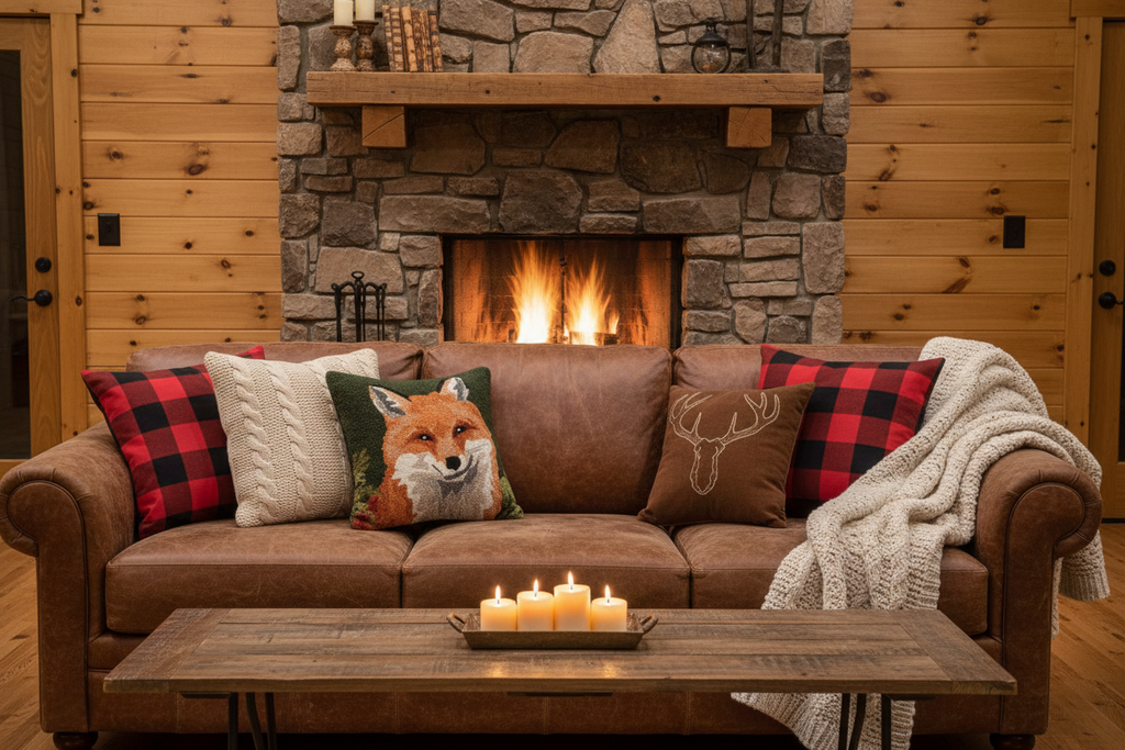 Rustic living room with properly scaled fox pillow