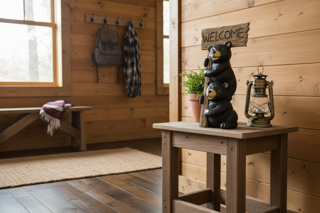 Same table and decor setup in cabin interior entryway